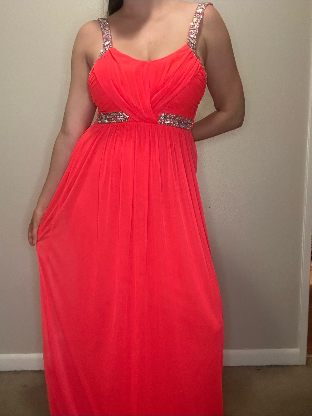 Vintage Y2K City Triangles Neon Coral Beaded Prom Formal Maxi Dress Size 5